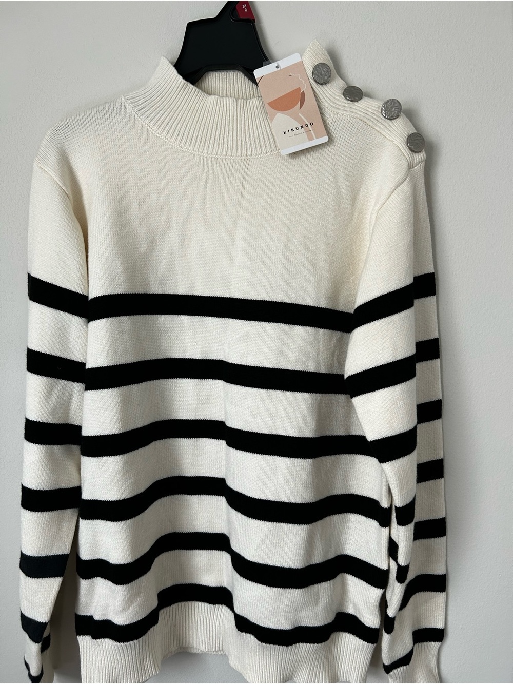 Striped Cream Turtleneck Sweater with Shoulder Buttons